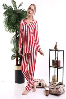 Красный женский полосатый пижамный комплект на пуговицах CALİMERA MODA