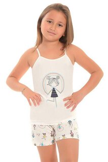 Пижамный комплект для девочки с хлопковыми шортами с тонкими бретелями и узором LITTLE FROG KIDS, экрю
