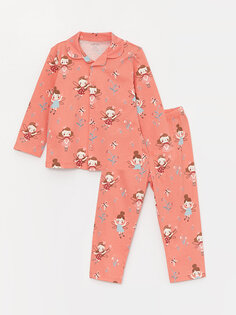 Пижамный комплект для маленьких девочек с воротником-поло и длинными рукавами с принтом LCW baby, светло-коралловый принт