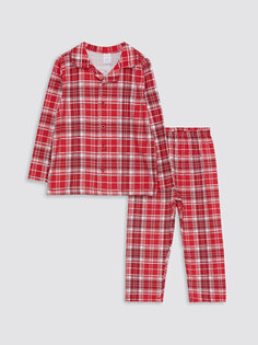 Пижамный комплект для маленьких девочек с воротником-поло и длинными рукавами в клетку LCW baby, экрю с принтом