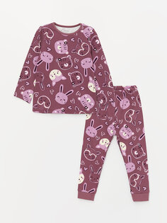 Пижамный комплект для маленьких девочек с круглым вырезом и длинными рукавами LCW baby, светло-сливовый принт