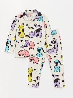 Пижамный комплект для маленьких девочек с воротником рубашки и длинными рукавами с принтом LCW baby, кремовый принт