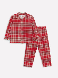 Пижамный комплект для маленьких девочек с воротником-поло и длинными рукавами в клетку LCW baby, экрю с принтом