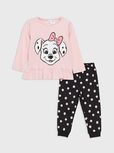 Пижамный комплект для маленьких девочек с круглым вырезом и длинными рукавами с принтом «101 далматинец» LCW baby, розовый