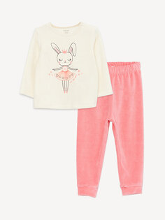 Пижамный комплект для маленьких девочек с круглым вырезом и длинными рукавами с принтом LCW baby, экрю