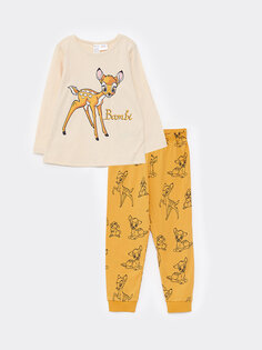 Пижамный комплект для маленьких девочек с круглым вырезом и длинными рукавами с принтом Бэмби LCW baby, светло-бежевый