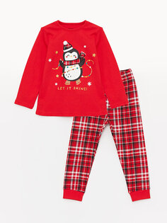 Пижамный комплект для маленьких девочек с круглым вырезом и длинными рукавами с принтом LCW baby, яркий красный