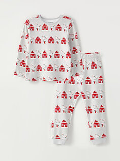 Пижамный комплект для маленьких девочек с круглым вырезом и длинными рукавами с принтом LCW baby, светло-серый с принтом