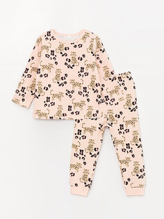 Пижамный комплект для маленьких девочек с круглым вырезом и принтом LCW baby, светло-розовый с принтом