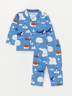 Пижамный комплект для маленьких мальчиков с воротником-поло и длинными рукавами с принтом LCW baby, матовый синий с принтом