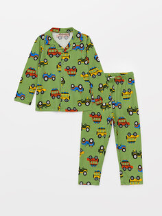 Пижамный комплект для маленьких мальчиков с воротником-поло и длинными рукавами с принтом LCW baby, зеленый принт