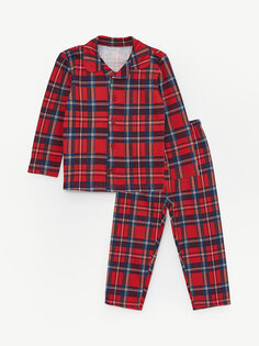 Пижамный комплект для маленьких мальчиков с воротником-поло и длинными рукавами в клетку LCW baby, яркий красный принт