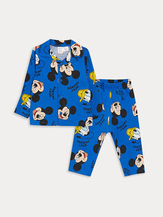 Пижамный комплект для маленьких мальчиков с воротником рубашки и длинными рукавами с принтом Микки Мауса LCW baby, темно-синий с принтом