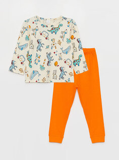 Пижамный комплект для маленьких мальчиков с круглым вырезом и длинными рукавами с рисунком LCW ECO, оранжевый принт