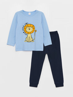 Пижамный комплект для маленьких мальчиков с круглым вырезом и длинными рукавами с принтом LCW ECO