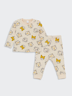 Пижамный комплект для маленьких мальчиков с круглым вырезом и длинными рукавами с рисунком LCW baby, светло-бежевый с принтом