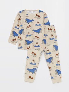 Пижамный комплект для маленьких мальчиков с круглым вырезом и длинными рукавами с рисунком LCW baby, бежевый с принтом