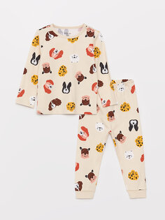 Пижамный комплект для маленьких мальчиков с круглым вырезом и принтом LCW baby, бежевый с принтом