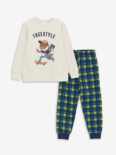 Пижамный комплект для мальчика в клетку с круглым вырезом и длинными рукавами LCW Kids