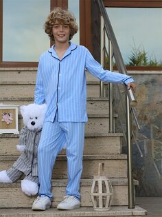 Пижамный комплект для мальчика в полоску с воротником рубашки и длинными рукавами Vitmo Vitamin, синий антрацит