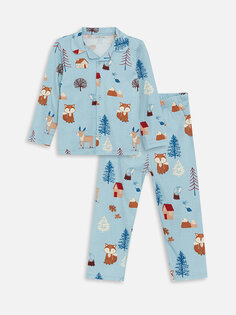 Пижамный комплект для мальчика с воротником рубашки и длинными рукавами с рисунком LCW baby, голубой с принтом