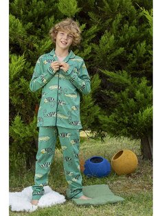 Пижамный комплект для мальчика с длинными рукавами и воротником рубашки с принтом Vitmo Vitamin, зеленый