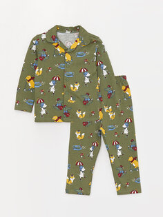 Пижамный комплект для мальчика с воротником рубашки и длинными рукавами с принтом LCW baby, темно-зеленый с принтом