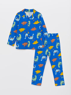 Пижамный комплект для мальчика с воротником рубашки и длинными рукавами с рисунком LCW baby, темно-синий с принтом