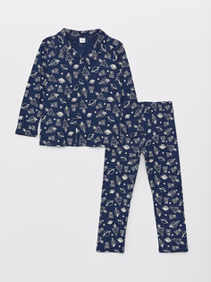Пижамный комплект для мальчика с длинными рукавами и воротником рубашки с рисунком LCW Kids, темно-синий с принтом