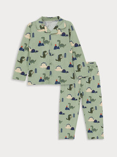Пижамный комплект для мальчика с воротником рубашки и длинными рукавами с принтом LCW baby, матовый зеленый с принтом