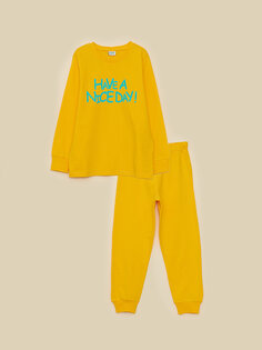 Пижамный комплект для мальчика из органического хлопка с длинными рукавами и круглым вырезом с принтом LCW Kids, средний желтый