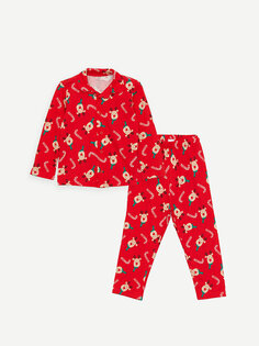 Пижамный комплект для мальчика с воротником рубашки и длинными рукавами в новогоднем стиле LCW baby