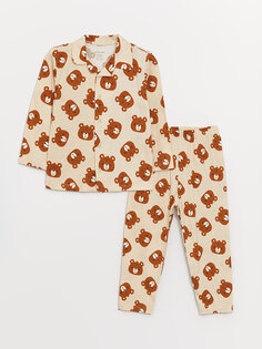 Пижамный комплект для мальчика с воротником рубашки и длинными рукавами с принтом LCW baby, бежевый с принтом