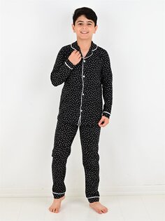 Пижамный комплект для мальчика с длинными рукавами и воротником рубашки с принтом Vitmo Vitamin, черный