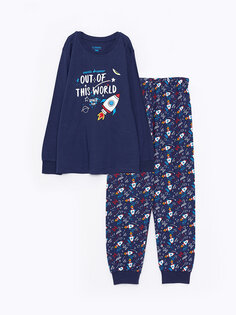 Пижамный комплект для мальчика с круглым вырезом и длинными рукавами с принтом LCW Kids, к.темно-синий