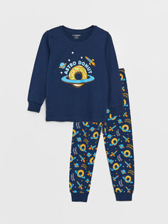 Пижамный комплект для мальчика с круглым вырезом и длинными рукавами с принтом LCW DREAM, темно-синий