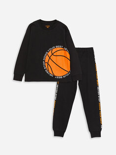 Пижамный комплект для мальчика с круглым вырезом и длинными рукавами с принтом LCW Kids, новый черный