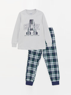 Пижамный комплект для мальчика с круглым вырезом и длинными рукавами с принтом LCW Kids, светло-серый