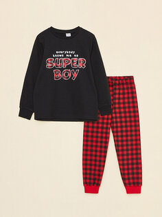 Пижамный комплект для мальчика с круглым вырезом и длинными рукавами с принтом LCW ECO, черный