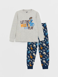Пижамный комплект для мальчика с круглым вырезом и длинными рукавами с принтом LCW Kids, бежевый меланж