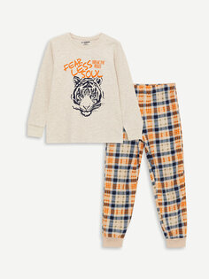 Пижамный комплект для мальчика с круглым вырезом и длинными рукавами с принтом LCW Kids, бежевый меланж