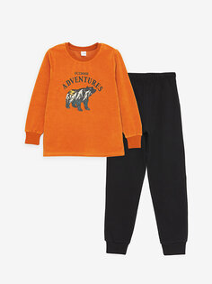 Пижамный комплект для мальчика с круглым вырезом и длинными рукавами с принтом LCW Kids, матовый оранжевый