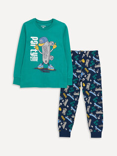 Пижамный комплект для мальчика с круглым вырезом и длинными рукавами с принтом LCW Kids, изумруд