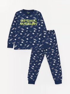 Пижамный комплект для мальчика с круглым вырезом и длинными рукавами с принтом LCW DREAM, темно-синий с принтом