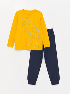 Пижамный комплект для мальчика с круглым вырезом и длинными рукавами с принтом LCW Kids, желтый