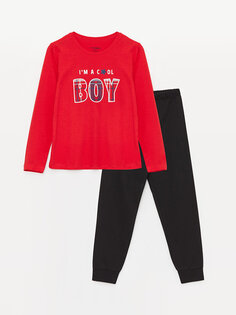Пижамный комплект для мальчика с круглым вырезом и длинными рукавами с принтом LCW Kids, красный