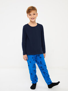 Пижамный комплект для мальчика с круглым вырезом и длинными рукавами с принтом LCW Kids, синий-темно-синий