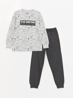 Пижамный комплект для мальчика с круглым вырезом и длинными рукавами с принтом LCW Kids, серый меланж с принтом