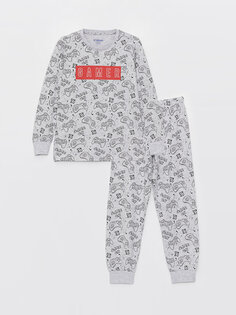 Пижамный комплект для мальчика с круглым вырезом и длинными рукавами с принтом LCW Kids, серый меланж с принтом