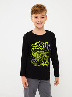 Пижамный комплект для мальчика с круглым вырезом и длинными рукавами с принтом LCW Kids, черный